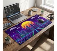 AQQA Tapis de souris de jeu XL - Tapis de souris de jeu rétro Synthwave Pixel Art, design cyberpunk néon ville coucher de soleil, grand tapis de souris étendu avec bords cousus, base en caoutchouc