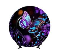 AQRJKHD Assiette décorative en porcelaine anglaise de 15,2 cm - Motif papillon violet et fleurs - Assiettes à dîner en céramique avec présentoir - Ornements en céramique - Pour la maison, le bureau