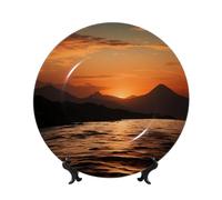 AQRJKHD Assiette décorative en porcelaine anglaise de 25,4 cm - Motif montagne et eau au coucher du soleil - Assiettes à dîner en céramique avec présentoir - Ornements en céramique - Pour la maison