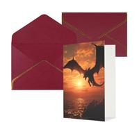 AQRJKHD Carte de remerciement avec enveloppes - Motif dragon volant - Coucher de soleil sur la mer - Carte d'anniversaire pour homme et femme - Cartes de vœux vierges pour toutes les occasions - Pour