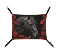 AQRJLPM Hamac pour animal domestique avec sangles réglables et crochets en métal - Motif cheval noir sur fond de roses rouges - Hamac de couchage doux et respirant pour chats, chiots, lapins, petits