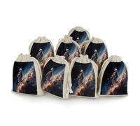AQRJLPM Lot de 8 petites pochettes réutilisables en toile de jute souple en coton pour bijoux, fête, mariage, rangement et fournitures de maison Motif astronaute volant dans l'espace
