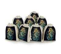 AQRJLPM Lot de 8 petites pochettes réutilisables en toile de jute souple et en coton avec cordon de serrage pour fête, mariage, rangement et fournitures de maison Motif hippocampe Bleu