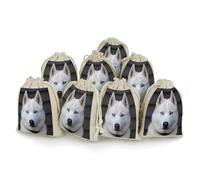 AQRJLPM Lot de 8 pochettes réutilisables en toile de jute souple avec cordon de serrage pour fête, mariage, rangement et fournitures de maison Motif husky blanc