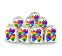 AQRJLPM Lot de 8 pochettes réutilisables en toile de jute souple avec cordon de serrage pour fête, mariage, rangement et fournitures de maison Motif cœurs arc-en-ciel