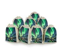 AQRJLPM Northern Lights Lot de 8 petites pochettes réutilisables en toile de jute souple en coton pour bijoux, fête, mariage, rangement et fournitures d'intérieur