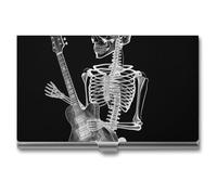 AQRJLPM Porte-cartes de visite en métal fin avec tête de mort pour jouer de la guitare, porte-cartes de crédit, carte d'identité, pour homme et femme, Argenté, One size