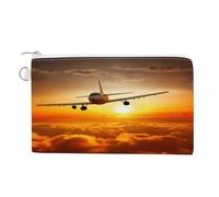 AQRJLPM Portefeuille en toile fin et léger avec fermeture éclair pour homme et femme Motif avion au coucher du soleil