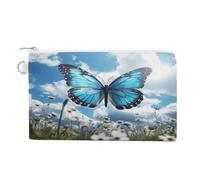 AQRJLPM Portefeuille fin et léger en toile avec fermeture éclair et porte-cartes pour homme et femme Motif papillons et nuages Bleu