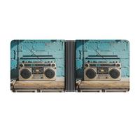 AQRJLPM Portefeuille vintage mural de radio Boombox avec pince à billets en cuir Portefeuille fin porte-cartes de crédit Cadeau pour homme