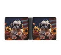 AQRJLPM Shih Tzu Portefeuille fin en cuir avec pince à billets et porte-cartes de crédit pour homme Motif chien et fleurs