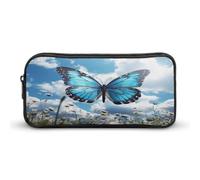 AQRJLPM Trousse à crayons avec motif papillon bleu et nuages - Grande capacité - Simple - Portable - Esthétique - Fermeture éclair