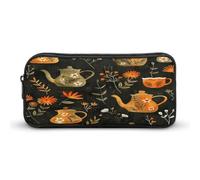AQRJLPM Trousse à crayons avec motif plantes et théière - Grande capacité - Simple - Portable - Esthétique - Fermeture éclair