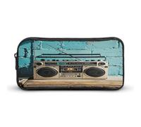 AQRJLPM Trousse à crayons vintage avec motif mural de radio Boombox - Grande capacité - Simple - Portable - Esthétique - Fermeture éclair