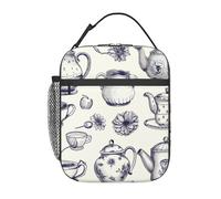 AQRJLPO Sac à déjeuner isotherme réutilisable avec théières et tasses dessinées à la main pour homme et femme, travail, pique-nique, voyage