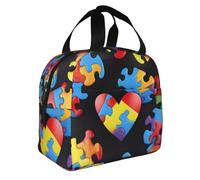 AQRJLPO Sac à déjeuner isotherme réutilisable pour la sensibilisation à l'autisme, pièces de puzzle, motif cœur imprimé, pour le bureau, l'école, l'extérieur