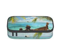 AQRJLPO Trousse à crayons avec motif bateau et feuilles de noix de coco - Jolie trousse à crayons de grande capacité - Trousse de maquillage de voyage pour étudiants, filles, garçons, femmes, Noir