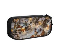 AQRJLPO Trousse à crayons de grande capacité avec 2 compartiments Motif village de Noël pour garçons et filles Noir, Noir , Taille unique, Cartable