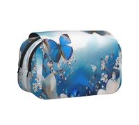 AQRJLPO Trousse à crayons double couche avec imprimé lapin rosette pour l'école, les voyages et le travail, Papillons bleus et fleurs blanches., Taille unique, Cartable