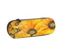 AQRJLPO Trousse à crayons en cuir avec imprimé fleurs jaunes et papillons - Multi-usage - Trousse de maquillage de voyage à fermeture éclair - Cadeau compact pour l'école, le bureau, les voyages, Noir