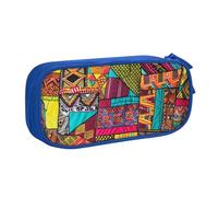 AQRJLPO Trousse à crayons en textile africain imprimé patchwork pour garçons et filles Grande capacité pour bureau, école, étudiants, papeterie, porte-crayons avec 2 compartiments, noir, bleu, Taille