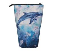 AQRJLPO Trousse à crayons extensible avec imprimé baleine de mer et méduse - Trousse de rangement extensible pour fournitures de voyage et maquillage - Pour l'école, le bureau, les voyages, Noir