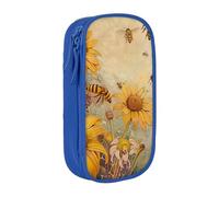 AQRJLPO Trousse à crayons rurale avec imprimé abeilles et fleurs pour étudiants, garçons et filles - Grande capacité double couche pour bureau, école, papeterie, porte-crayons, noir, bleu, Taille