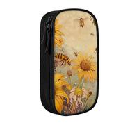 AQRJLPO Trousse à crayons rurale avec imprimé abeilles et fleurs pour étudiants, garçons et filles - Grande capacité double couche pour bureau, école, papeterie, porte-crayons, noir, Noir , Taille