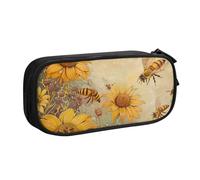 AQRJLPO Trousse à crayons rurale avec imprimé abeilles et fleurs pour garçons et filles, grande capacité, pour bureau, école, étudiants, papeterie, trousse à crayons avec 2 compartiments, noir, Noir