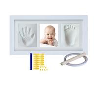 Aqsacokiya Bébé Empreinte de la Main Empreinte, Cadre Nouveau né Garcon & Filles - Argile Blanche, Cadre Photo Kit Bébé en Bois pour Liste de Naissance avec Alphabet Moule (Blanc)