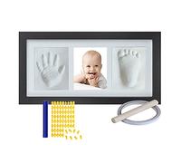 Aqsacokiya Kit Empreinte Mains et Pieds Bébé - Cadre Photo en Bois Avec Argile Blanche pour Nouveau né Garcon & Filles (Noir)