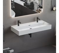 Aqua Bagno Double lavabo 100 cm blanc - Double lavabo moderne en céramique avec deux trous de robinetterie - Lavabo rectangulaire pour salle de bain - Facile d'entretien, robuste et adapté au montage