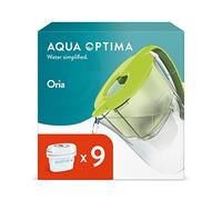 Aqua Optima Oria Carafe Filtrante et 9 Cartouches Filtrantes Evolve+ 30 Jours, Capacité 2,8 litres, Pour la Réduction des Microplastiques, du Chlore, du Calcaire et des Impuretés,Vert
