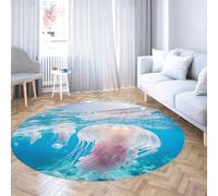 Aqua Teal Bleu Blanc Rose Rond Tapis pour Salon Lavable en Machine Antidérapant Méduses Océan Imprimé Tapis de Sol Léger À Pou pour Chambre À Manger Salle À Bureau À Domicile 200cm