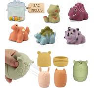 AquaBambin - Lot de 9 Jouets de Bain de Bebe en Silicone sans BPA, éco-Friendly, avec Animaux et Dinosaures à pulvériser, Filet de Rangement, idéal dès 6 Mois, 1-3 Ans