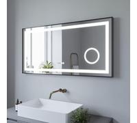AQUABATOS 120x60 cm Miroir de Salle de Bain avec éclairage LED et Horloge numérique, Miroir Mural avec éclairage LED, Blanc Froid 6400K, Anti-buée, Interrupteur Tactile dimmable, 3X loupe, Cadre Noir