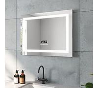 AQUABATOS Brussels Series Miroir de Salle de Bain avec éclairage 80 x 60 cm Horloge Bluetooth Haut-Parleur Interrupteur Tactile à intensité Variable Blanc Froid Blanc Neutre Blanc Chaud Réglable