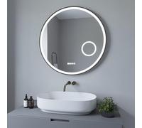 AQUABATOS® Miroir de Salle de Bain avec éclairage Rond - Noir Mat - 80 cm - LED - Horloge - Miroir Mural - Miroir de Salle de Bain - Miroir Lumineux - Intensité Variable - Interrupteur Mural Tactile