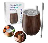 Aquafloow Tasse à maté de yerba 350 ml + 2 pailles en acier, Tasse à maté de yerba à double paroi | Couverture sans BPA, acier inoxydable pour maté, yerba - Marron