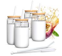 Aquafloow Verre à Boire 4 Pièces 500 ml avec Housse en Silicone et Couvercle en Bambou - 2 Pailles incluses (Silicone & Verre), Résistant aux Températures de -20°C à 150°C