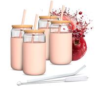 Aquafloow Verre à Boire 4 Pièces 500 ml avec Housse en Silicone et Couvercle en Bambou - 2 Pailles incluses (Silicone & Verre), Résistant aux Températures de -20°C à 150°C