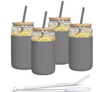 Aquafloow Verre avec Paille et Couvercle 500 ml | Gobelets réutilisables Housse en Silicone | Set de Verres- 2 pailles 1 bâtonnet de nettoyage | Pour smoothie, café, cocktail- 4 pièces- Gris