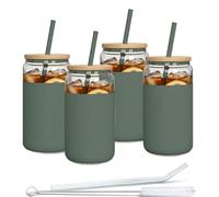 Aquafloow Verre avec Paille et Couvercle 500 ml | Gobelets réutilisables Housse en Silicone | Set de Verres- 2 pailles 1 bâtonnet de nettoyage | Pour smoothie, café, cocktail- 4 pièces- Vert