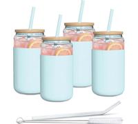 Aquafloow Verre avec Paille et Couvercle 500 ml | Gobelets réutilisables Housse en Silicone | Set de Verres- 2 pailles 1 bâtonnet de nettoyage | Pour smoothie, café, cocktail- 4 pièces- Bleu