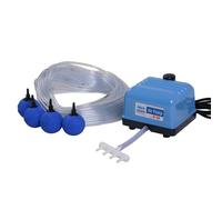 AquaForte Hi-Flow V-10, kit de pompe à air complet avec distributeurs d'air, 25 m de tuyau 4 x 6 mm et 4 pierres à air 5 cm, capacité à 1,2 mètre 4 litres par minute, bassin maximum 6 m3