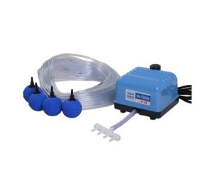 AquaForte Hi-Flow V-10, kit de pompe à air complet avec distributeurs d'air, 25 m de tuyau 4 x 6 mm et 4 pierres à air 5 cm, capacité à 1,2 mètre 4 litres par minute, bassin maximum 6 m3