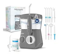 Aquapik® Advanced Irrigateur buccal Idéal pour l'orthodontie, les implants et les gencives sensibles Kit blanchissant + 8 buses | 10 niveaux de pression recommandés par les dentistes (Gris)