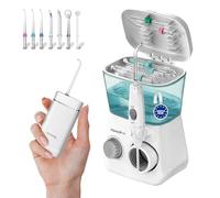 Aquapik® DUO Jet Dentaire : table + Mini Portable | Recommandé par les dentistes + Élimine la Plaque + Prend soin de vos Implants et Orthodontie | Hygiène Buccale Profonde (Blanc - Blanc)