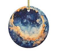 Aquarelle ciel étoilé : une décoration ronde en céramique avec une ficelle dorée, parfaite pour les décorations de fête de vacances ou les réunions de famille.