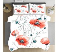 Aquarelle Coquelicot Housse de Couette Fermeture Éclair, Motif Floral Rouge Feuilles Fleur Botanique Parure de Lit 2 Personnes Literie 280x240 Microfibre avec Fermeture Éclair et 2 Taies D'oreiller